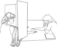 Drawing by Pat Linse of Emily Rosa's therapeutic touch test